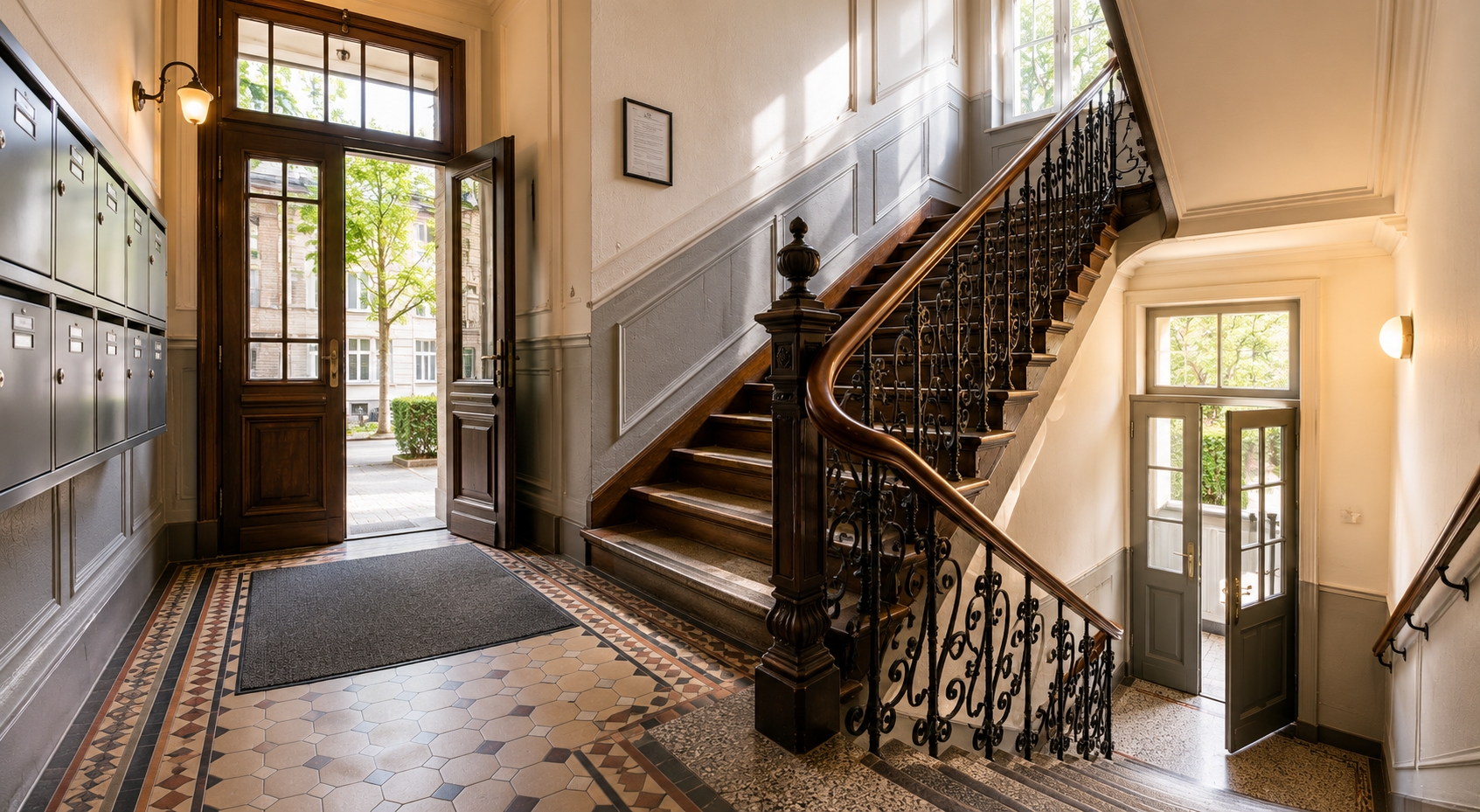 Gepflegter Altbau-Aufgang mit Holztreppe, Briefkästen und Eingangsbereich